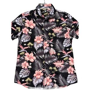 Neff Mens Tropical Floral Button Down Shirt Black Pink Hibiscus Cotton Small